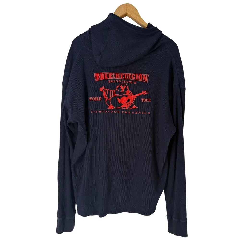 True Religion Mens Navy Blue Waffle Knit World Tour Graphic Henley Hoodie 3XL